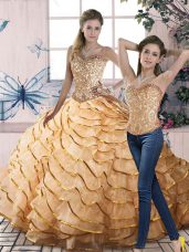 Extravagant Gold Lace Up Sweetheart Beading and Ruffled Layers Sweet 16 Dress Organza Sleeveless Brush Train