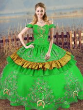 Floor Length Green Sweet 16 Dresses Satin Sleeveless Embroidery