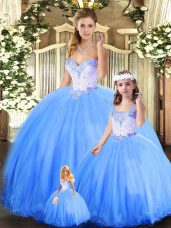 Colorful Tulle Sweetheart Sleeveless Lace Up Beading Sweet 16 Dress in Blue