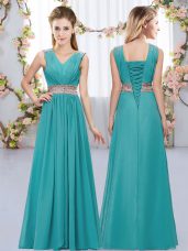 Teal Quinceanera Court Dresses Wedding Party with Beading and Belt V-neck Sleeveless Lace Up