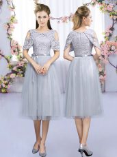 Eye-catching Grey Sleeveless Tea Length Lace and Belt Zipper Quinceanera Dama Dress