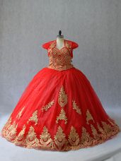 Sweetheart Sleeveless Sweet 16 Dresses Court Train Beading and Appliques Red Tulle
