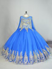 Blue Long Sleeves Floor Length Beading and Appliques Lace Up Sweet 16 Dresses