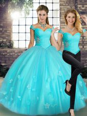 Floor Length Aqua Blue Quinceanera Dresses Tulle Sleeveless Beading and Appliques