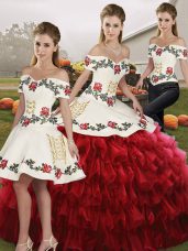Off The Shoulder Sleeveless Lace Up 15 Quinceanera Dress Wine Red Organza