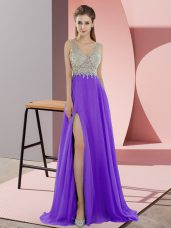 Glamorous Lavender Chiffon Zipper V-neck Sleeveless Sweep Train Beading