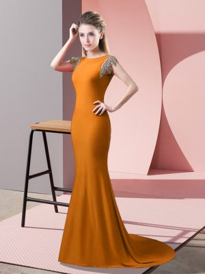 Elastic Woven Satin Short Sleeves Prom Evening Gown Brush Train and Beading
