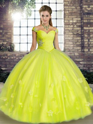 Classical Yellow Green Ball Gowns Beading and Appliques 15 Quinceanera Dress Lace Up Tulle Sleeveless Floor Length
