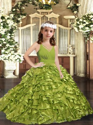 Sleeveless Zipper Child Pageant Dress Olive Green Organza