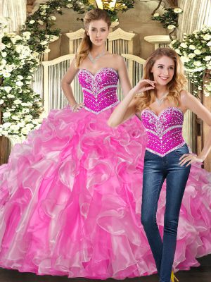 Wonderful Ball Gowns Quinceanera Gown Rose Pink Sweetheart Organza Sleeveless Lace Up