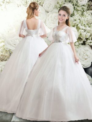 Lovely Half Sleeves Tulle Floor Length Lace Up Bridal Gown in White with Beading and Appliques