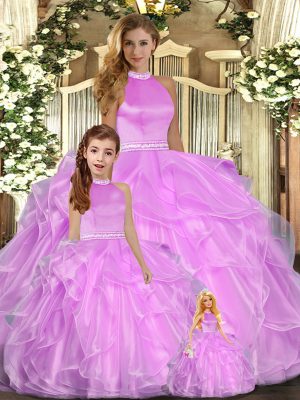 Unique Sleeveless Floor Length Beading and Ruffles Backless Sweet 16 Dresses with Lilac