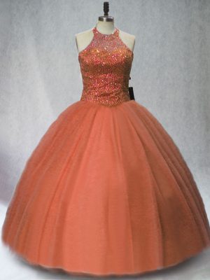 Spectacular Sleeveless Tulle Floor Length Lace Up Quinceanera Gown in Brown with Beading
