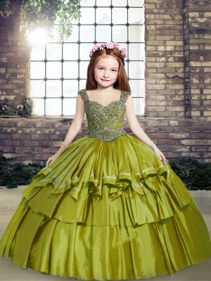Olive Green Ball Gowns Beading Little Girl Pageant Gowns Lace Up Taffeta Sleeveless Floor Length