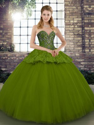 Floor Length Olive Green Sweet 16 Dress Tulle Sleeveless Beading and Appliques