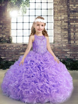 Fantastic Sleeveless Fabric With Rolling Flowers Floor Length Lace Up Kids Pageant Dress in Lavender with Beading and Ruching