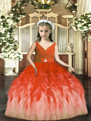 Elegant Rust Red Backless Little Girl Pageant Gowns Beading and Ruffles Sleeveless Floor Length