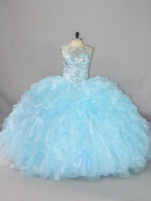 Fantastic Blue Lace Up Quinceanera Dresses Beading and Ruffles Sleeveless Floor Length
