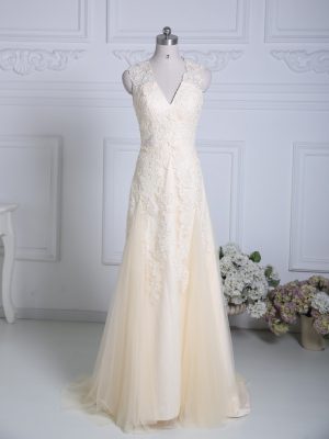 Champagne Prom Party Dress V-neck Sleeveless Brush Train Zipper