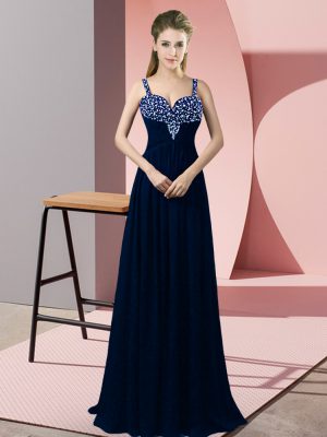 Navy Blue Sleeveless Floor Length Beading Zipper Prom Evening Gown