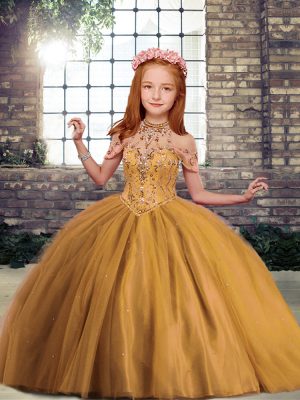 Cheap Brown Ball Gowns High-neck Sleeveless Tulle Floor Length Lace Up Beading Little Girls Pageant Dress Wholesale