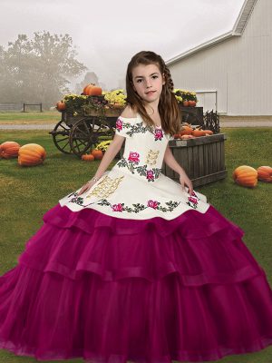 Fuchsia Lace Up Straps Embroidery and Ruffled Layers Kids Formal Wear Tulle Sleeveless