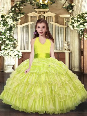 Wonderful Yellow Green Organza Lace Up Little Girl Pageant Gowns Sleeveless Floor Length Ruffled Layers
