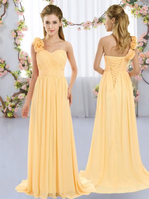 On Sale Gold Empire Chiffon One Shoulder Sleeveless Hand Made Flower Lace Up Wedding Party Dress Brush Train