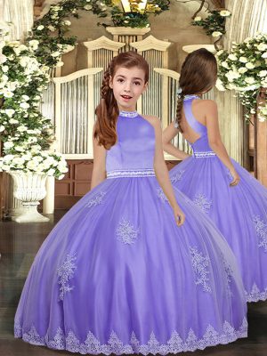 Custom Made Appliques Kids Formal Wear Lavender Backless Sleeveless Floor Length