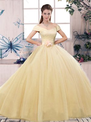 Ball Gowns Ball Gown Prom Dress Champagne Off The Shoulder Tulle Short Sleeves Floor Length Lace Up