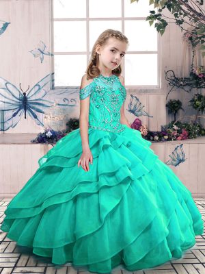 Unique Turquoise High-neck Lace Up Beading and Ruffled Layers Pageant Dresses Sleeveless
