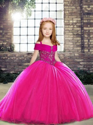 Perfect Fuchsia Tulle Lace Up Straps Sleeveless Little Girls Pageant Gowns Brush Train Beading