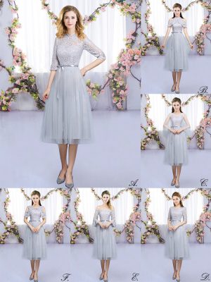 Glorious Grey High-neck Zipper Lace and Belt Court Dresses for Sweet 16 Half Sleeves