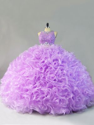 Modest Lavender Two Pieces Fabric With Rolling Flowers Scoop Sleeveless Beading and Ruffles Floor Length Zipper Sweet 16 Dress