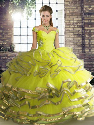 Yellow Green Tulle Lace Up Quinceanera Gowns Sleeveless Floor Length Beading and Ruffled Layers
