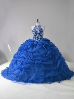 Inexpensive Halter Top Sleeveless Court Train Lace Up Vestidos de Quinceanera Blue Organza