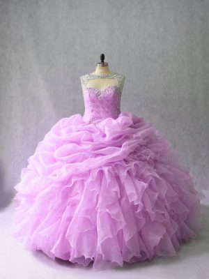 Scoop Sleeveless Quinceanera Gown Brush Train Beading and Ruffles Lilac Organza