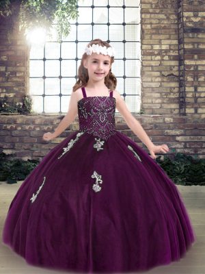 Straps Sleeveless Lace Up Pageant Gowns For Girls Eggplant Purple Tulle