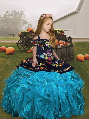 Exquisite Aqua Blue Ball Gowns Organza Straps Sleeveless Embroidery and Ruffles Floor Length Lace Up Pageant Dress Womens