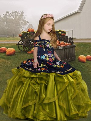 Luxurious Olive Green Lace Up Straps Embroidery and Ruffles Little Girls Pageant Dress Organza Sleeveless