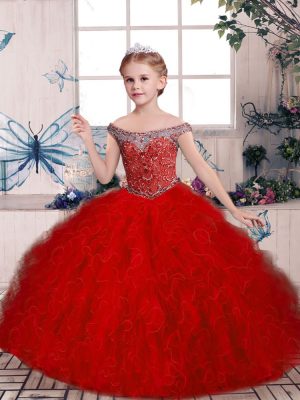 Red Off The Shoulder Neckline Beading and Ruffles Kids Formal Wear Sleeveless Lace Up