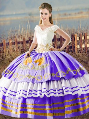 Classical White And Purple Sleeveless Embroidery and Ruffled Layers Floor Length Quinceanera Dress