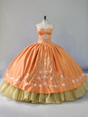 Floor Length Orange Sweet 16 Dresses Satin and Organza Sleeveless Embroidery and Ruffled Layers