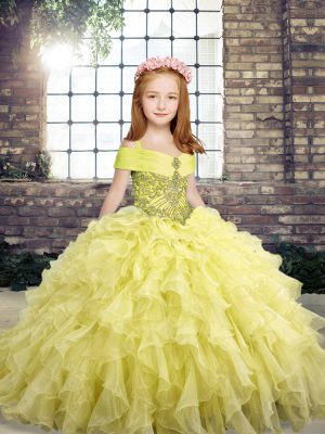 Luxurious Straps Sleeveless Evening Gowns Floor Length Beading and Ruffles Yellow Organza