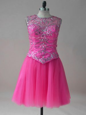 Classical Mini Length Hot Pink Prom Gown Tulle Sleeveless Beading