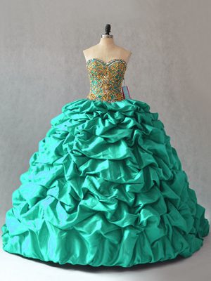 Taffeta Sweetheart Sleeveless Brush Train Lace Up Beading and Pick Ups Sweet 16 Dresses in Turquoise