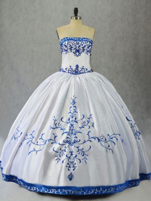 Blue And White Satin Lace Up Strapless Sleeveless Floor Length Quinceanera Gown Embroidery