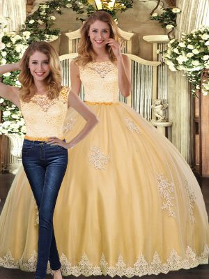 Gold Scoop Neckline Lace and Appliques Ball Gown Prom Dress Sleeveless Clasp Handle