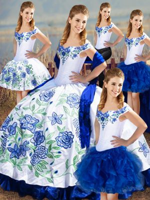 Customized Satin and Organza Off The Shoulder Sleeveless Lace Up Embroidery and Ruffles Sweet 16 Dresses in Blue And White
