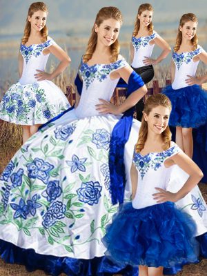 Customized Satin and Organza Off The Shoulder Sleeveless Lace Up Embroidery and Ruffles Sweet 16 Dresses in Blue And White